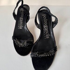 Pedro Garcia 3” Heel Black Sandals with Raw Silk Edging and Swarovski Crystals